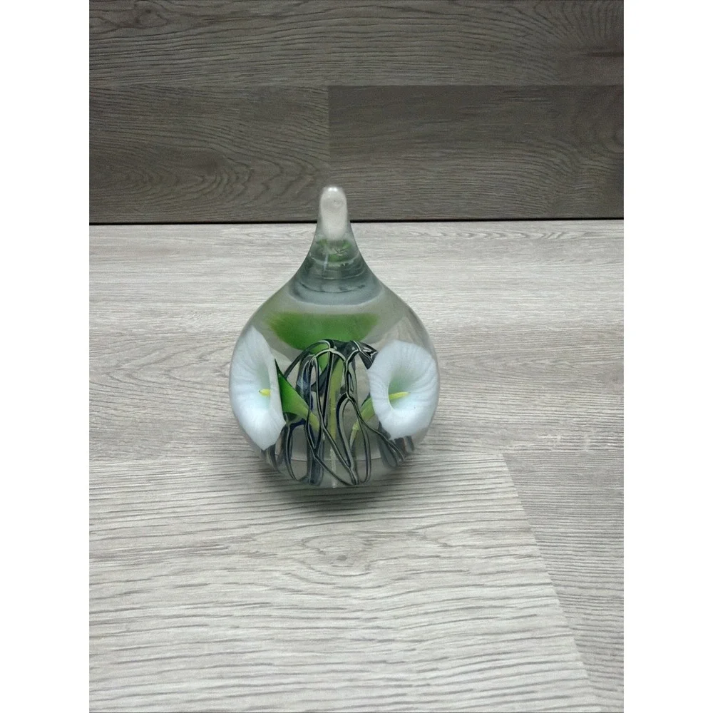Vintage Art Glass Paperweight Stripper Green Ribbon & Floral Design 4" Very Nice - Picture 4 of 7